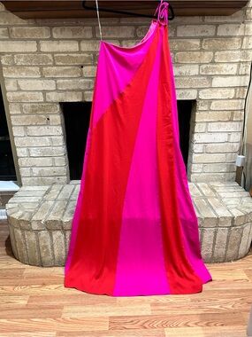 Caramel Hot Pink & Red One-Shoulder Colorblock Maxi Dress